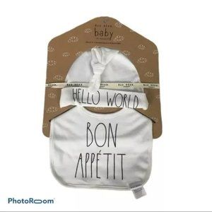 Rae Dunn Baby Bib & Beanie White Set - "Hello World" & "Bon Appétit" Dan Riddle